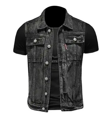 Men's Black Denim Jean Jacket Coat Sleeveless Waistcoat Pockets Button Vest Punk • $80.99