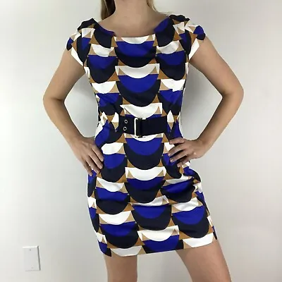 Milly Of New York Geometric Abstract Mini Dress Womens Sz 8 Blue White Tan $395 • $95
