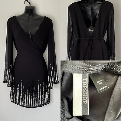 £39.99 • Buy Topshop Black Chiffon Crystal Embellished Wrap Dress Size Uk 10 Bell Sleeves