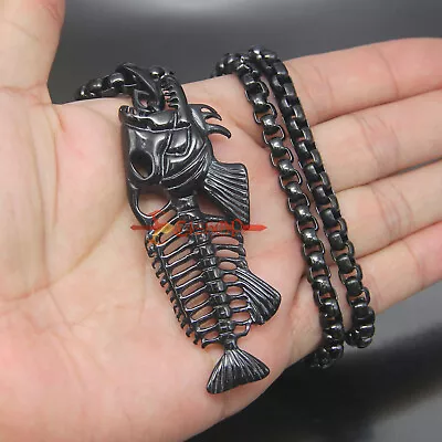 Men's Huge Large Stainless Steel Fish Bone Skull Pendant Necklace Gun Black Tone • $12.59