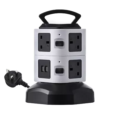 Socket Tower Mains Power Extension Lead 2M Multi Way + USB Ports Adaptor UK Plug • £18.56