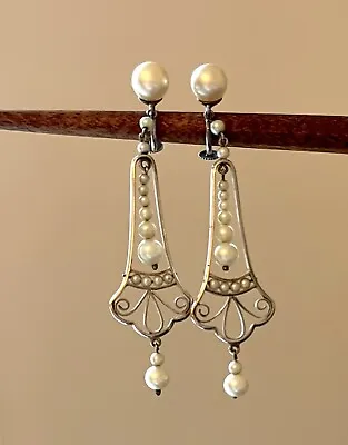 Edwardian Sterling Silver Bell Shape Earrings With Articulated Pearl Dangles • £75