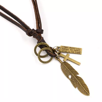 Necklace For Man Vintage Fashion Cross Silver Feather Pendant Black Leather Rope • $7.99