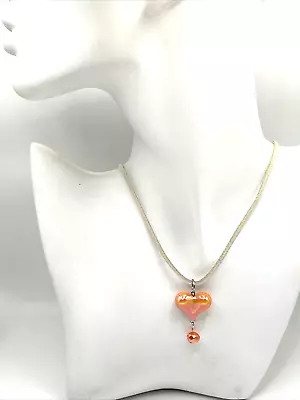 Orange Aurora Borealis Puffed Heart Necklace W Glass Bead On 18  Faux Suede Cord • $2.50