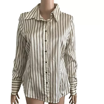 Zara Blouse Womens XL Striped White Gold Button Front • $19.20