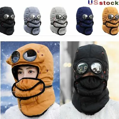 Winter Men Women Thermal Trapper Hat With Glasses Full Face Ski Mask Aviator Cap • $15.26