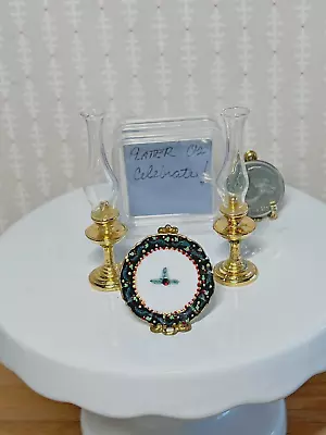 Dollhouse Miniature Artist Signed Austrian Crystal Plate & Pr. Candlesticks 1:12 • $15