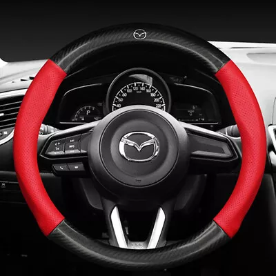 38cm Pinhole Carbon Fiber+Leather Car Steering Wheel Cover For Mazda Logo Red • $34.99