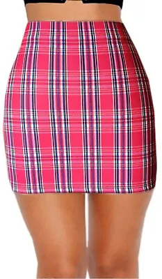  New Women 16  Check Fitted High Waist Body Con Mini Skirt • £7.50