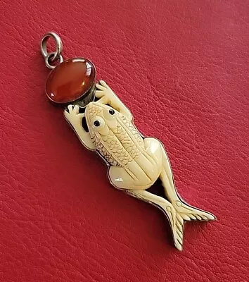 Vintage Red Carnelian Agate Cab & Sterling Silver Carved Bone Frog Pendant • $149.95