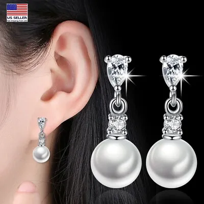 $5.99 • Buy Women 925 Sterling Silver Earrings Cubic Zirconia Pearl Teardrop Tassel 1520