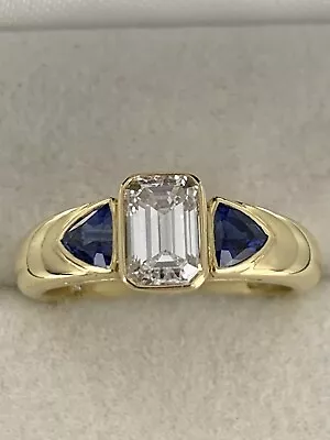 Fine Quality 18ct Gold Emerald Cut Diamond Sapphire Trilogy Ring 1.02 Ct GIA Cer • £5950