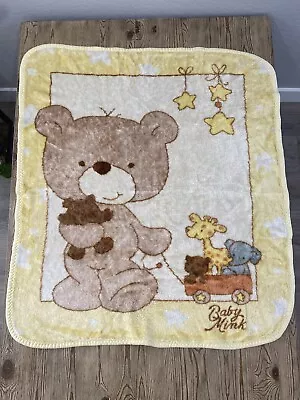 Vintage Baby Mink Plush Yellow Crib Blanket  Bear Stars Teddy Wagon Elephant • $72.96