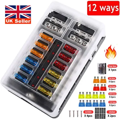 12Way Blade Fuse Box Holder & 24 Standard Blade Fuses For Car Camper Van 12V 24V • £13.99