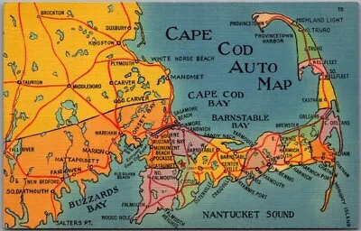 Vintage 1950s Massachusetts Postcard  CAPE COD AUTO MAP  Tichnor Linen Unused • $4