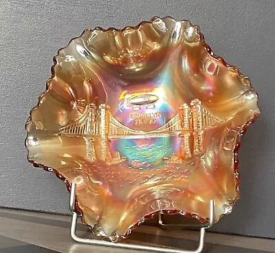 Nice Marigold Dugan Carnival Glass Brooklyn Bridge Ruffled Bowl • $69