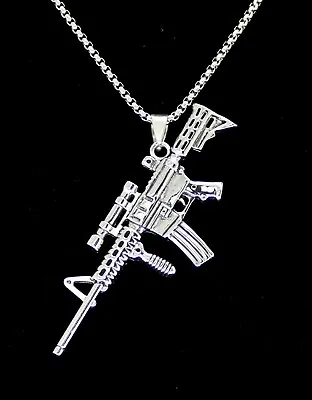 AR-15 Gun Pendant 24  Box Stainless Steel Necklace Mens Hip Hop Jewelry • $9.99