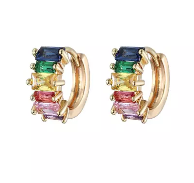 Rose Gold Colorful Crystal Huggie Stud Small Hoop Earrings For Women 15mm PE30 • $5.95