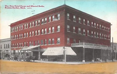 Benton Harbor Michigan~Hotel Dwan~Mineral Baths~Ice Cream Soda Awning~Wagon~1913 • $6.25