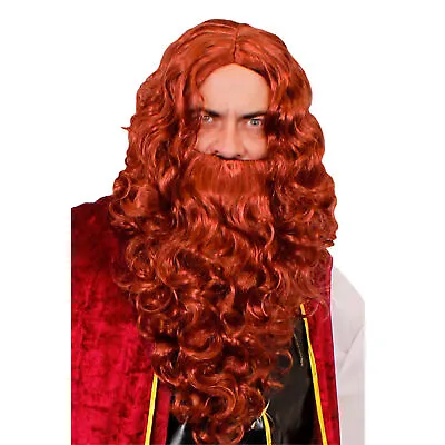 Long Red Curly Wig & Beard Viking Fancy Dress Set Adults Men Accessory Costume • £11.99