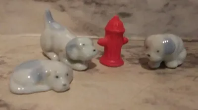 Vntg Ceramic Miniature Figurines - 3 Puppy Dogs In Salt Blue Tone W/ Hydrant  • $15.99