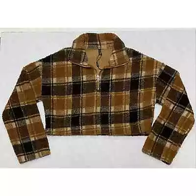 Zaful Plaid Cropped Teddy Bear Fleece Zip Up Jacket Size 4 950A • £28.87
