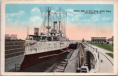 Vintage Battleship In Dry Dock Navy Yard Charleston S.C. Ship Postcard • $9.15