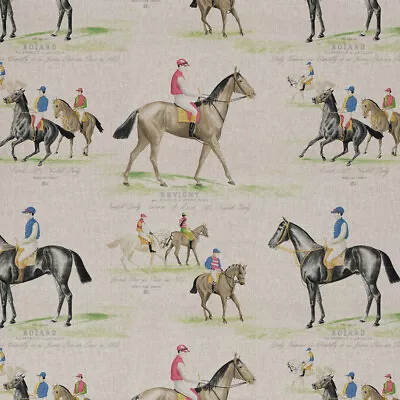 Cotton Rich Linen Look Fabric Digital Ascot Races Horses Jockey 140cm Wide • £16