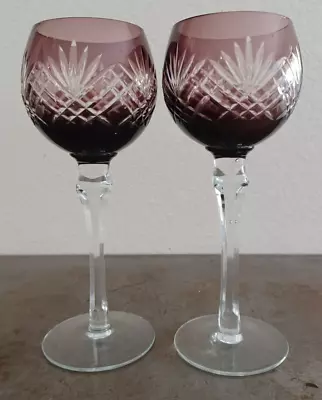 2 Bohemian Amethyst Purple Cut To Clear Wine Glasses 8.25  Tall Vintage • $23.99