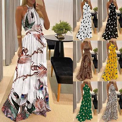 Womens Boho Halter Neck Maxi Dress Ladies Holiday Beach Kaftan Long Sundress US • $25.19