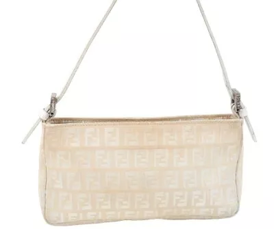 Authentic FENDI Vintage Zucchino Hand Bag Pouch Purse Canvas Leather White K7365 • $71