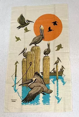 Vintage Linen Tea Kitchen Towel Pelicans Pier Birds Ocean Coastal Kay Dee 16x27 • $15