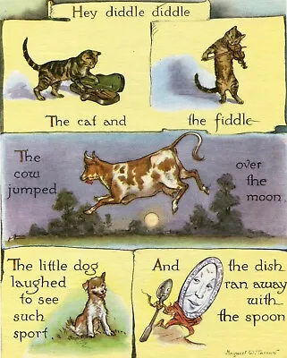 Hey Diddle Diddle Illustrated Nursery Rhyme Vintage Wall Art 1940s Tarrant • $26