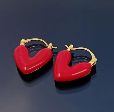 18K Gold Filled Stunning Italian Petite Hoop 18ct GF Heart Earrings 20mm 04 • £16.09