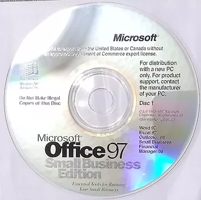 Microsoft Office 97 SMALL BUSINESS EDITION  Word Excel Publisher Outlook CD/Key • $14.95