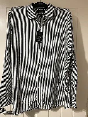 M&S Sartorial Superior Cotton Stripe Shirt Size 16  Tailored Fit Dk Green New • £25.95