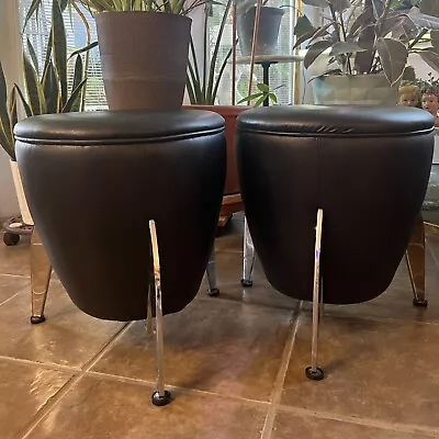 Vintage 1970s Black Leather & Chrome Space Age Footstools Retro • $400