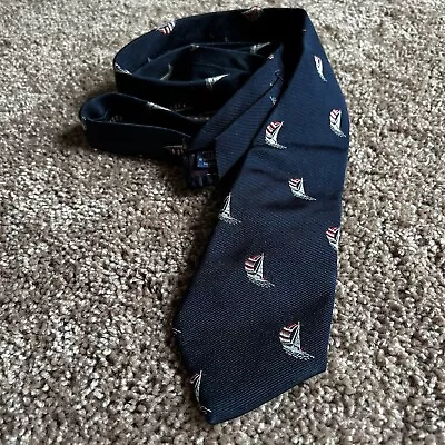 Lands End Men's Nautical Sailboats Long Navy Blue Necktie 100% Silk Tie Coastal • $9.59