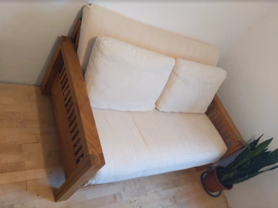 £599.99 • Buy Futon Company Oke Double Seater Solid Oak Wood Sofa Bed W/ Removable Cream Cover