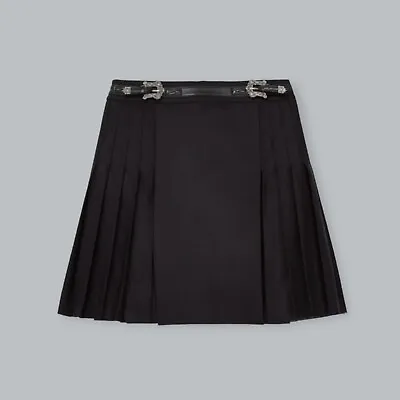 The Kooples Black 100% Wool Buckle Leather Belt Pleated Kilt Skirt Size 38 UK 10 • $120.01