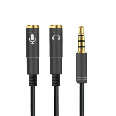 Black 3.5mm Headphone Microphone Jack Splitter Cable 4 Pole Mic Adapter Adaptor • £2.75