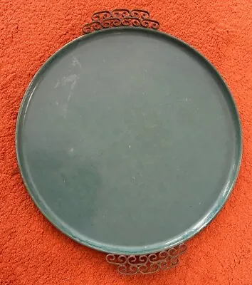 Vintage MCM Tray W/ Teal Moire Glaze And Brass Handles By KYES • $35