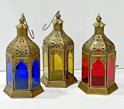 Vintage Set Of 3 Blue/Red/Yellow Metal Glass Moroccan Hanging Tea Light Lanterns • $50.99