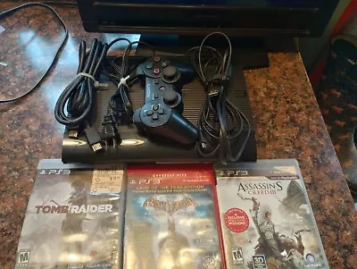 PS3 Slim Black Game Console Sony Vibrating Controller & 3 Games Cords Tested • $150