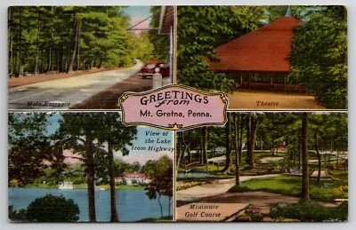 Mt Gretna PA Greetings Multi View Lake Theatre Mini Golf Entrance Postcard O29 • $9.95