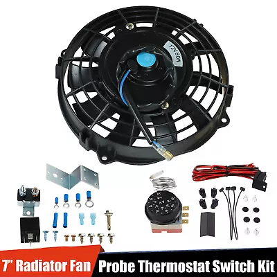 7  Slim 80W Electric Radiator Cooling Fan W/ Thermostat Control Relay Kit Black • $36.99