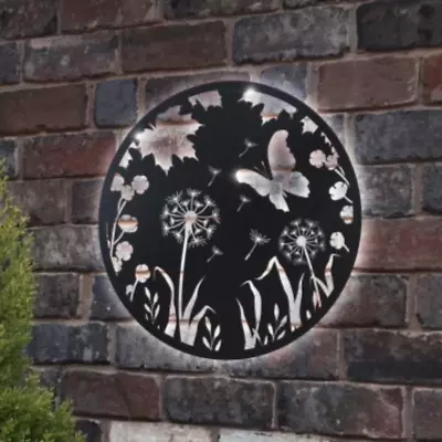 Solar Backlit Butterfly Dandelion Silhouette Wall Art Outdoor Metal Garden Decor • £39