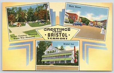 Bristol Vermont~Main St~Commons~Inn~WWI Monument~c1940 Linen Art Deco Postcard • $8