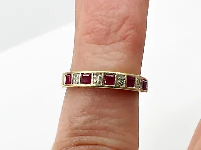 VINTAGE SOLID 9ct GOLD RUBY AND DIAMOND HALF ETERNITY  LADIES RING SIZE M • £89.99