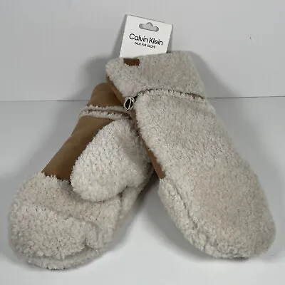 CALVIN KLEIN One Size Faux Shearling & Faux Suede With CK Logo Mittens New • $26